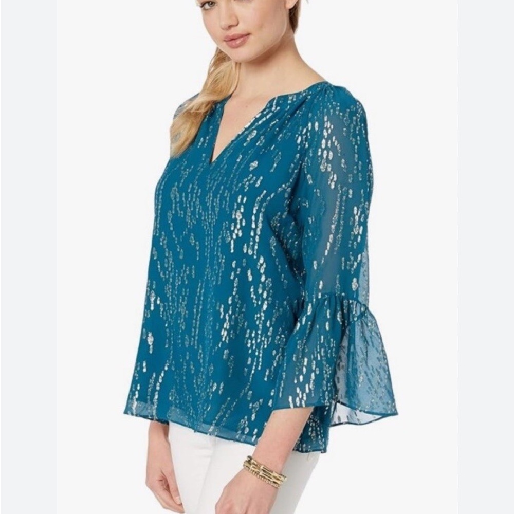 Lilly Pulitzer Matilda Top Fish Gold Clip Chiffon Silk Inky Tidal Blouse Sz M